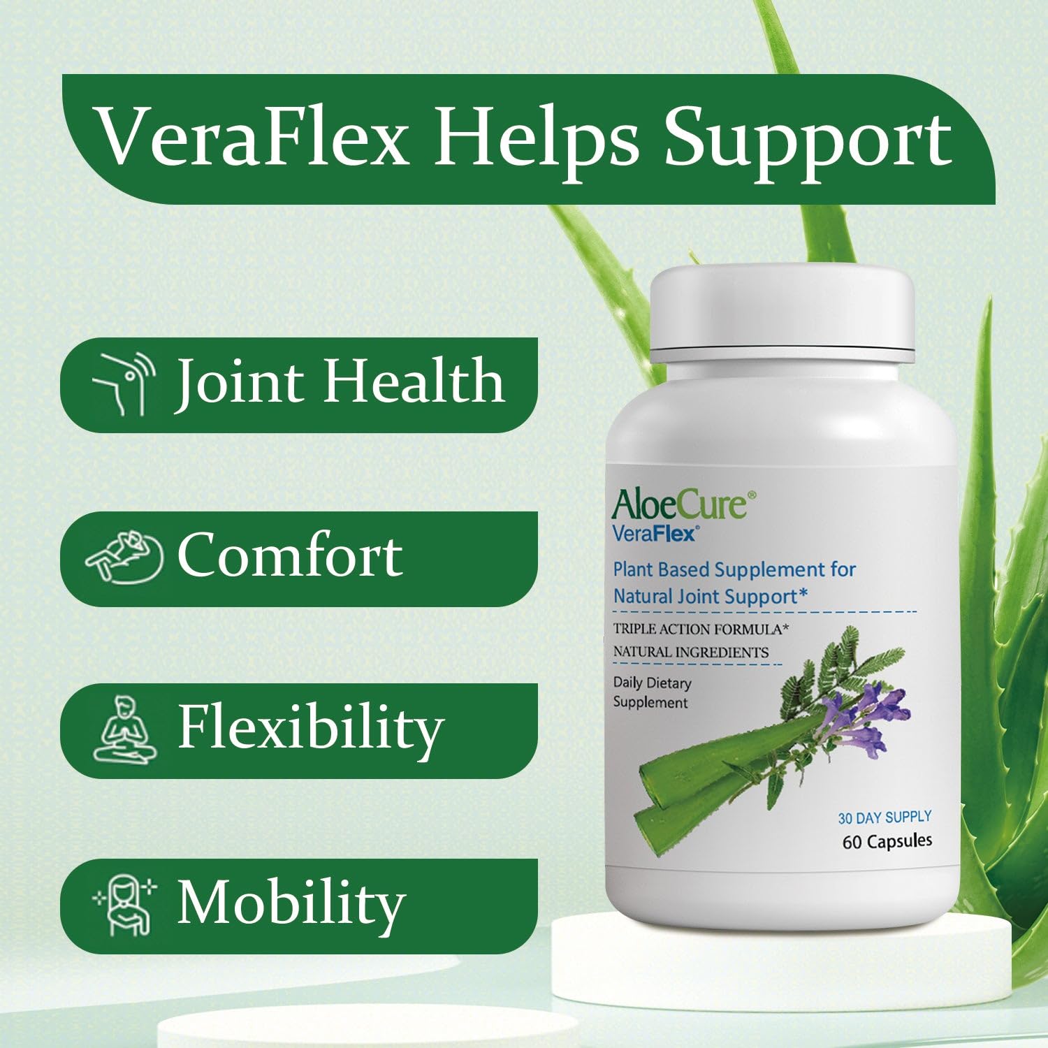 AloeCure VeraFlex capsules-closeup shows vegan plant-based joint comfort formula