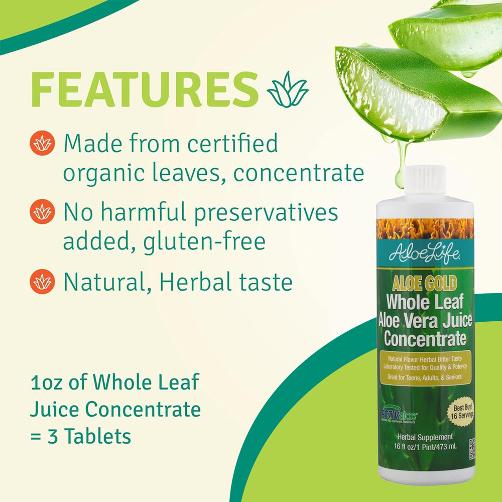 Aloe Life Aloe Gold bottle emphasizing organic, undiluted juice for wholesome refreshment.
