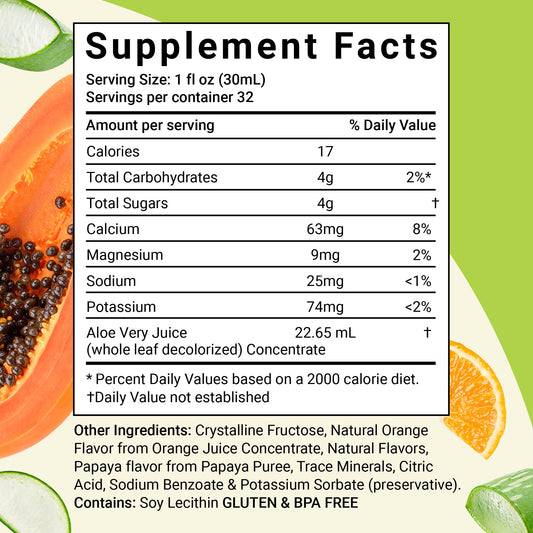 Aloe Life orange papaya flavor bottle close-up suggests a tasty daily energy boost.