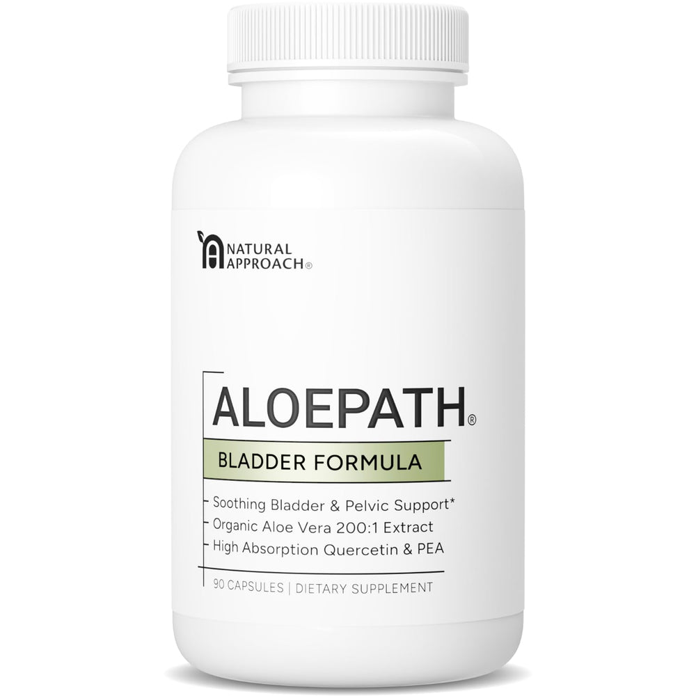 ALOEPATH freeze-dried aloe capsules on a bottle, suggesting daily bladder wellness.