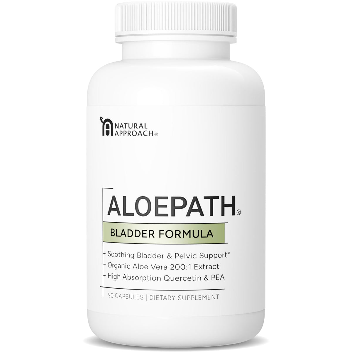 ALOEPATH freeze-dried aloe capsules on a bottle, suggesting daily bladder wellness.