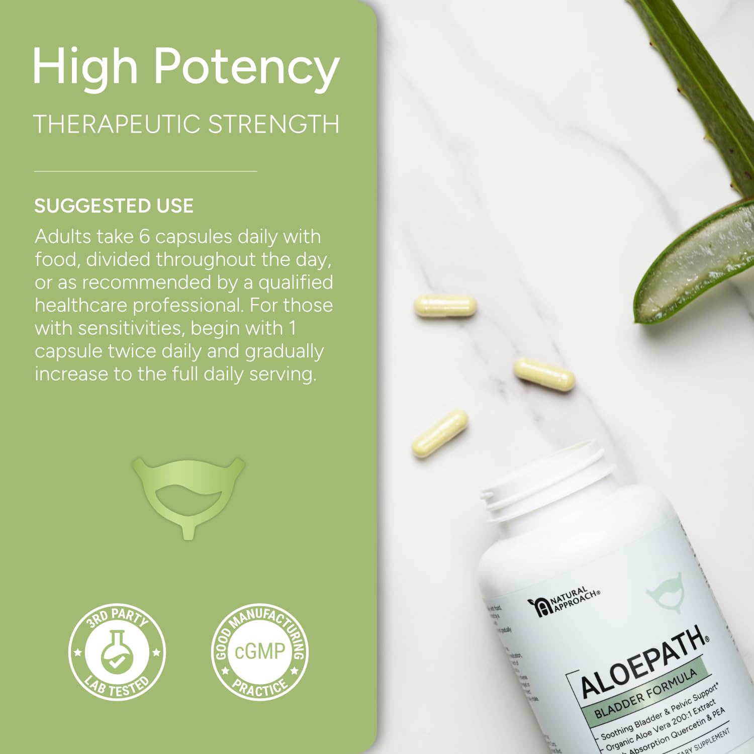 ALOEPATH magnesium calcium bottle with capsules implying mineral support for pelvic wellness.