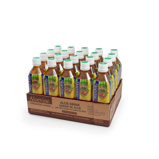 Aloevine Pomegranate Drink bottle with real aloe chunks for refreshing hydration