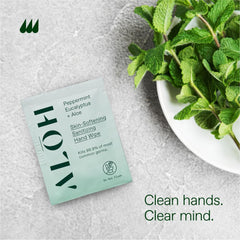 ALOH four-box packaging display emphasizes travel-ready, spill-free sanitizing.