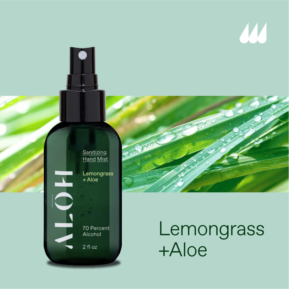 Close-up of lemongrass scented ALŌH sanitizer spray bottle