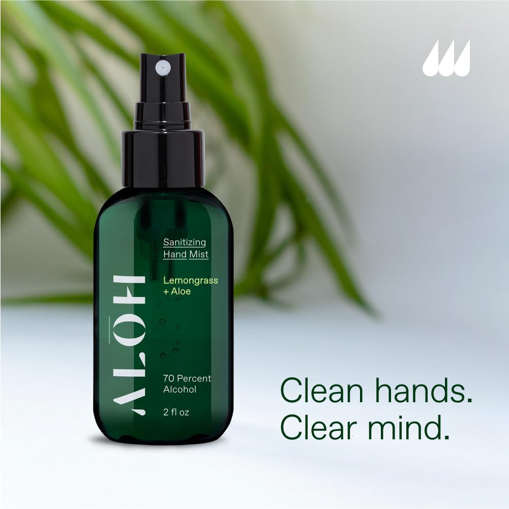 A spray mist being applied to the hand with ALŌH bottle