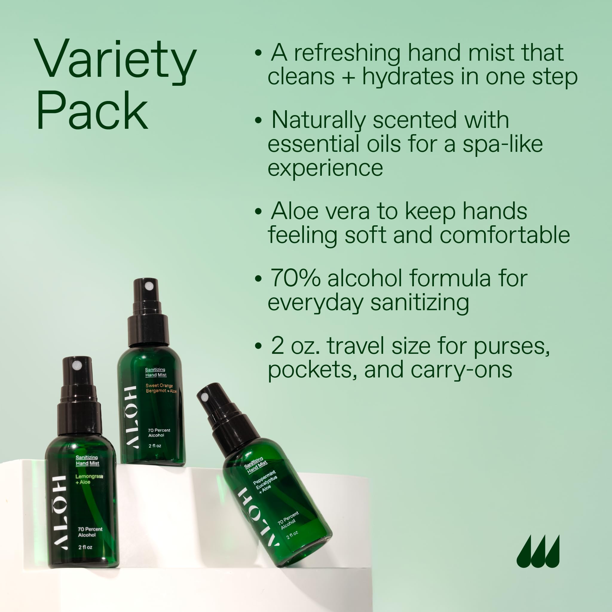 ALOH Peppermint Eucalyptus spray bottle offers a refreshing, fast-drying hand cleanse.