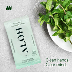 ALŌH Peppermint Eucalyptus wipes close-up texture highlights non-sticky, hydrating feel.