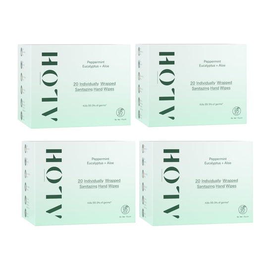 ALOH Skin Softening Hand Wipes Peppermint Eucalyptus pack front for quick refreshing cleansing on the go.