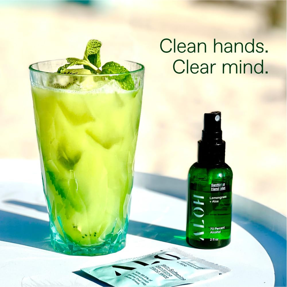 Travel-size ALŌH sanitizer bottle in compact design