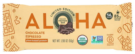 ALOHA Organic Chocolate Espresso Protein Bar on a clean background, rich cacao notes for energy.