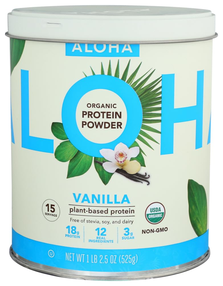 ALOHA Vanilla Plant-Based Protein Powder bottle pouring into a glass for a protein shake