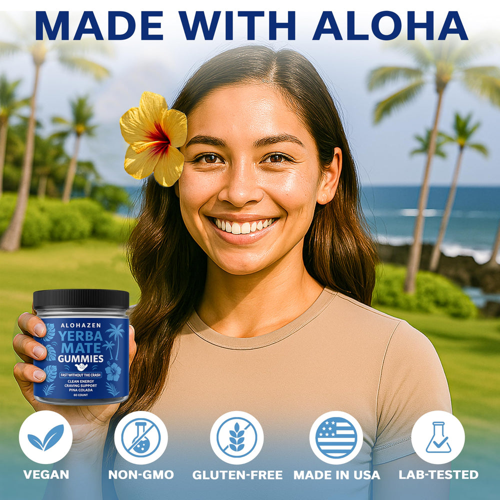 Front view of AlohaZen Yerba Mate Gummies bottle with tropical vibe