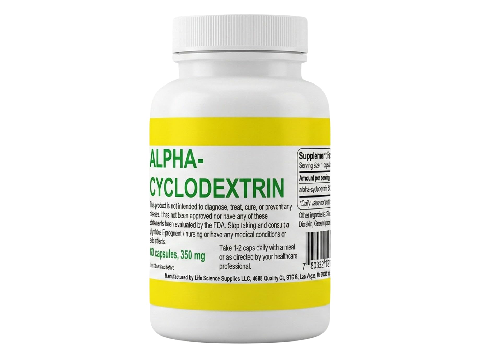Alpha Cyclodextrin Capsules bottle with label, convenient daily supplement for routine use.