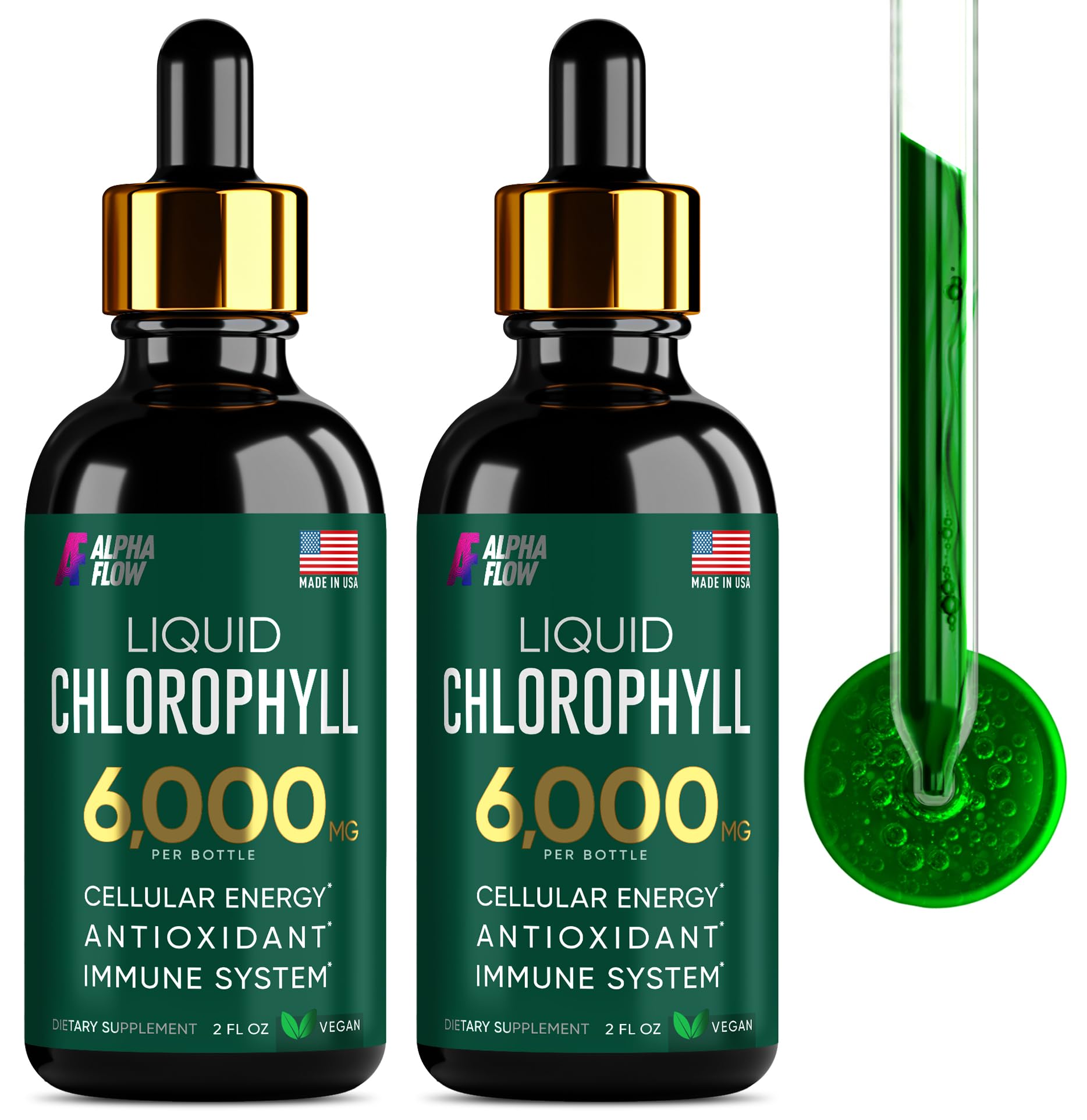 Alpha Flow Chlorophyll Drops bottle with dropper ready for daily hydration and detox support.