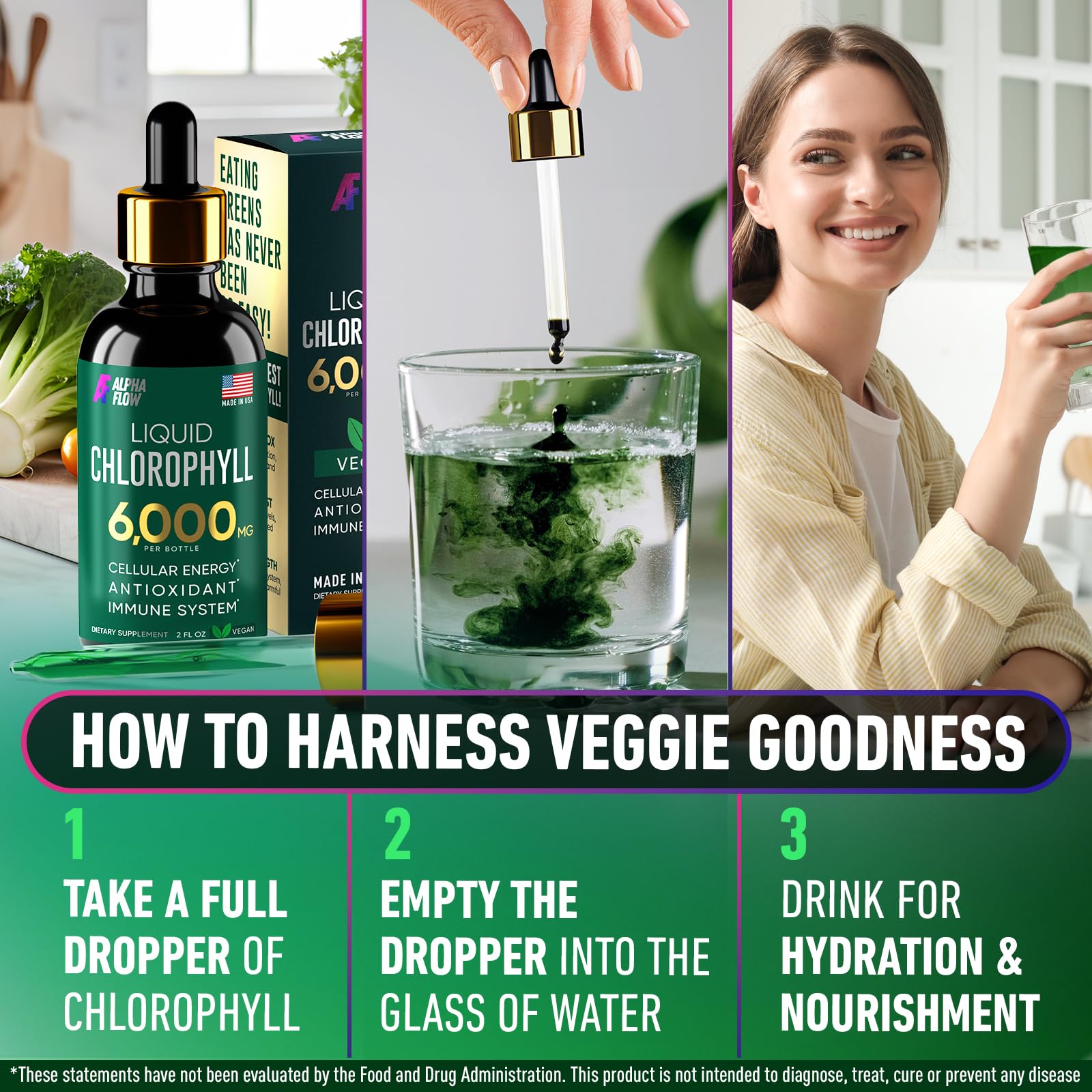 Alpha Flow Chlorophyll Drops two-pack packaging offers extended supply for routine use.