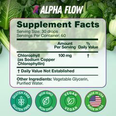 Alpha Flow Chlorophyll Drops vegan non-GMO formula for clean, plant-based wellness.