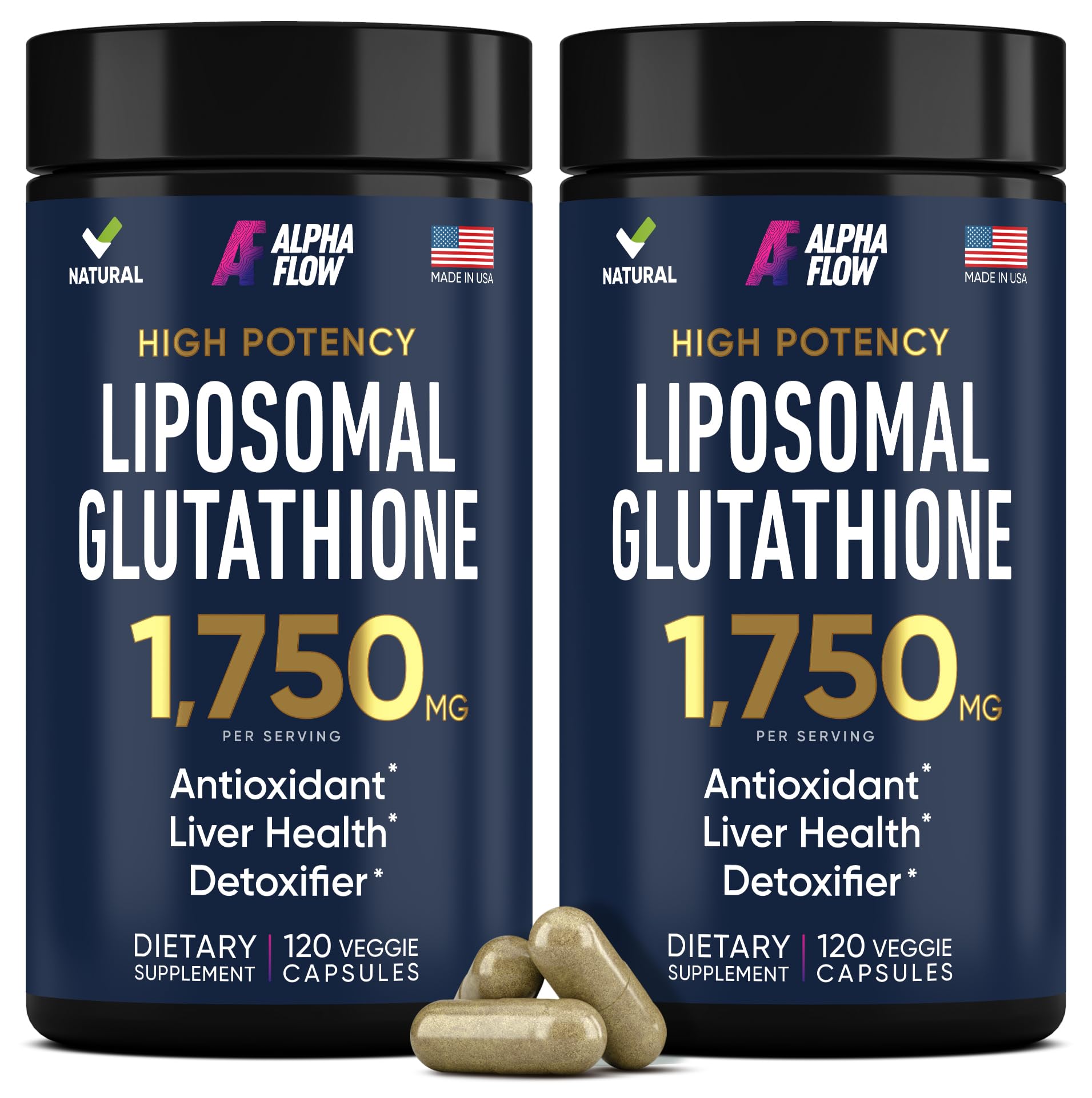 Alpha Flow liposomal glutathione 1100mg bottle front highlighting potency for daily antioxidant support
