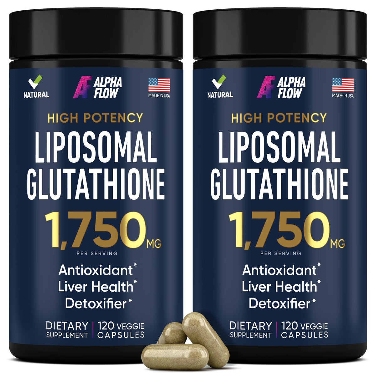 Alpha Flow liposomal glutathione 1100mg bottle front highlighting potency for daily antioxidant support