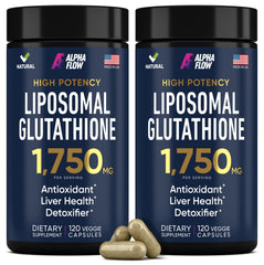 Alpha Flow liposomal glutathione 1100mg bottle front highlighting potency for daily antioxidant support
