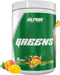 Alpha Greens powder tub with Peach Mango flavor supports daily wellness and energy.