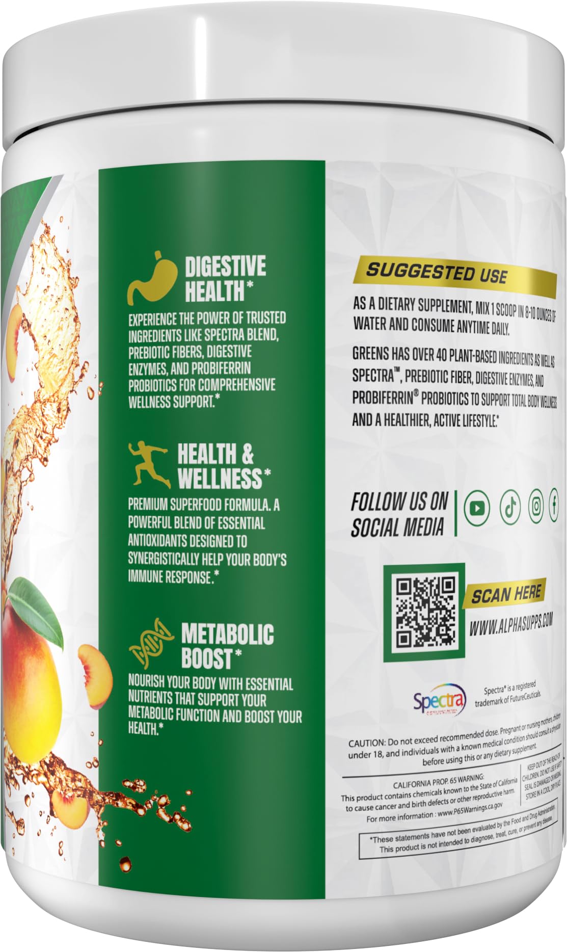 Measuring scoop with Alpha Greens powder demonstrates simple portion control for balanced nutrition.