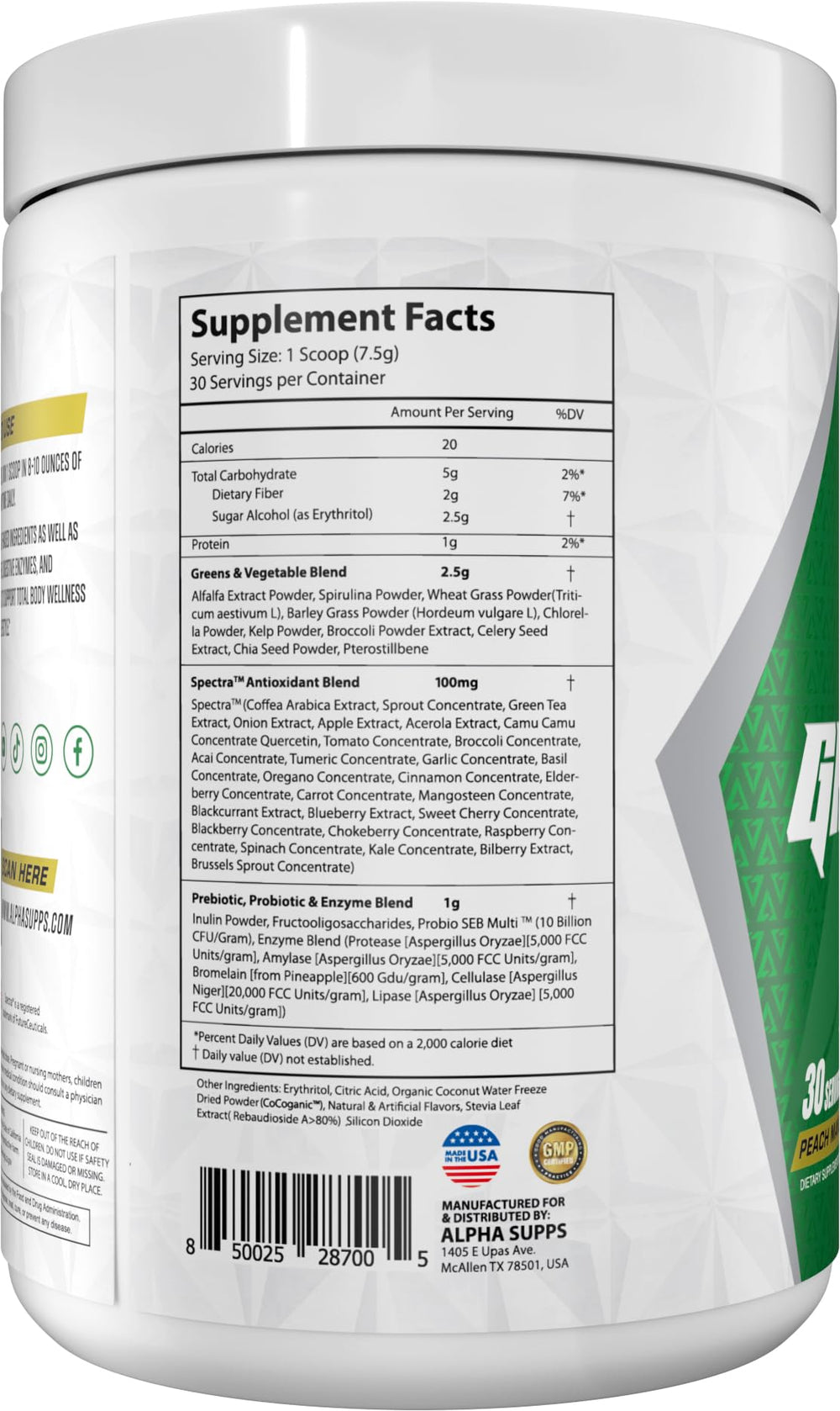 Side view of Alpha Greens tub highlights convenient packaging for easy daily use.