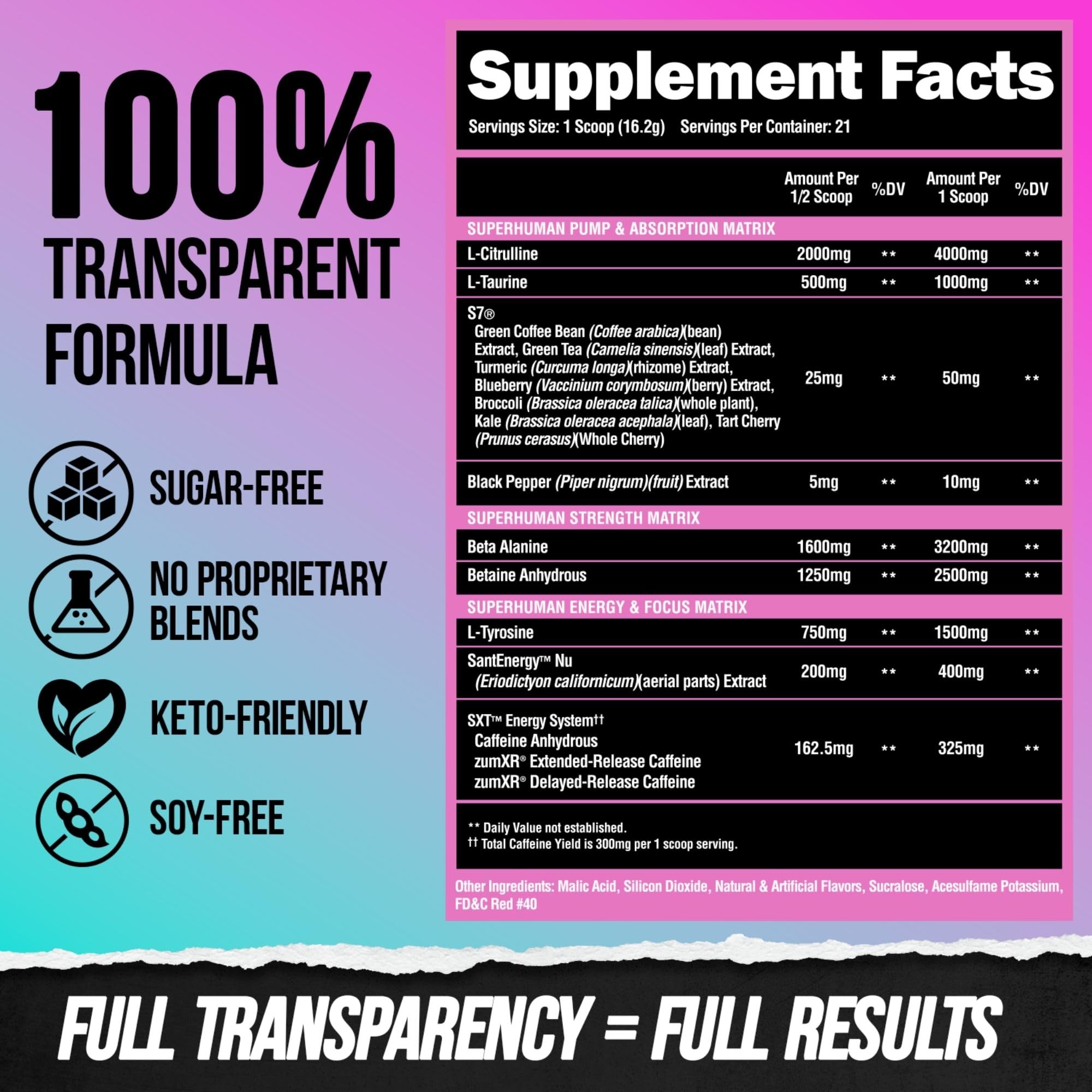 Beta alanine and L-taurine ingredients shown supporting endurance and hydration.