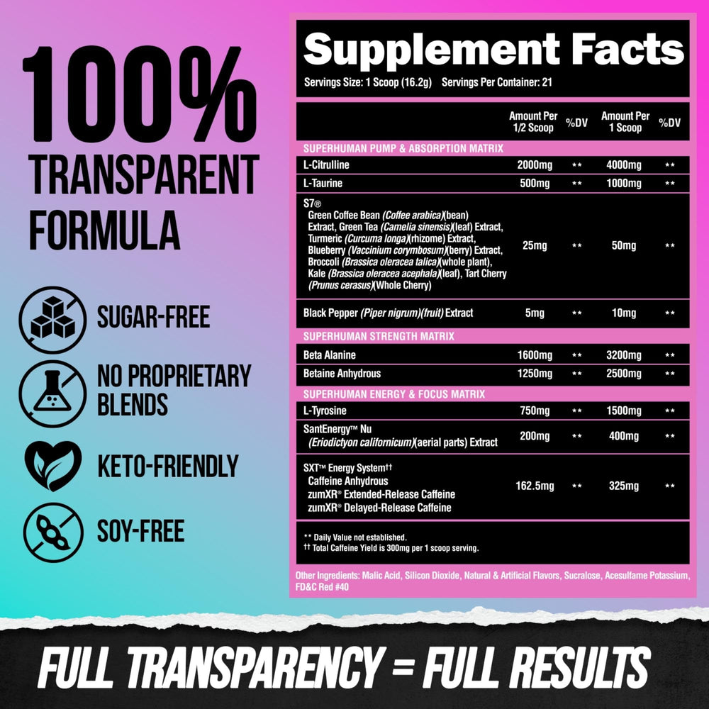 Beta alanine and L-taurine ingredients shown supporting endurance and hydration.