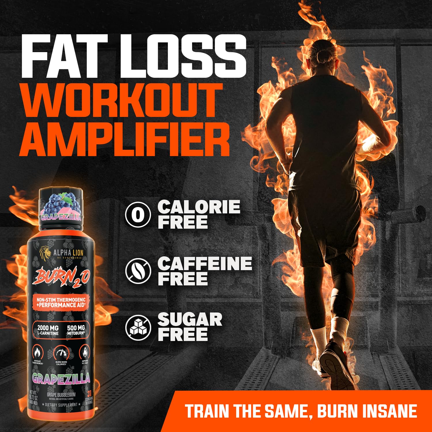 Alpha Lion Burn2O zero-calorie label focuses on sugar-free, keto-friendly benefits.