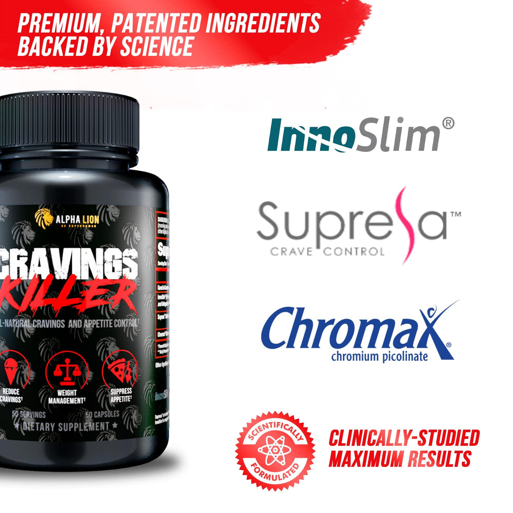 Alpha Lion Cravings Killer ingredients label featuring Innoslim, Supresa, Chromax