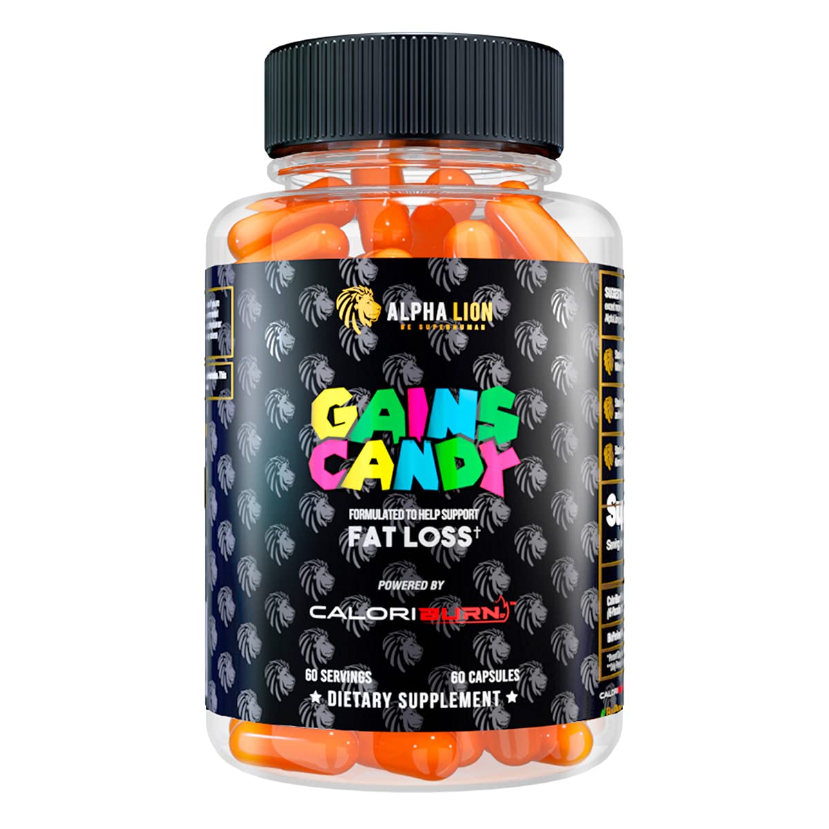 ALPHA LION Gains Candy bottle front for energy during workouts.