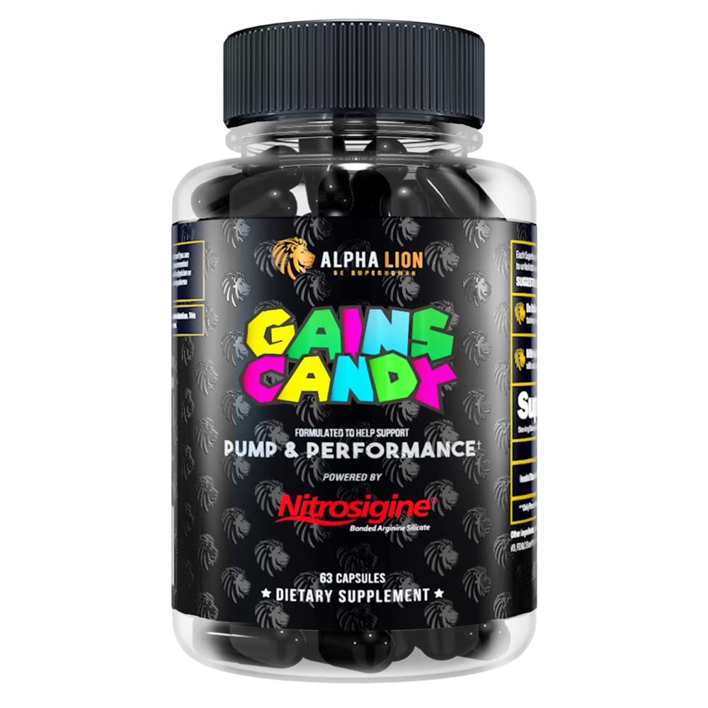 ALPHA LION Gains Candy bottle boosts workout performance with nitric oxide support