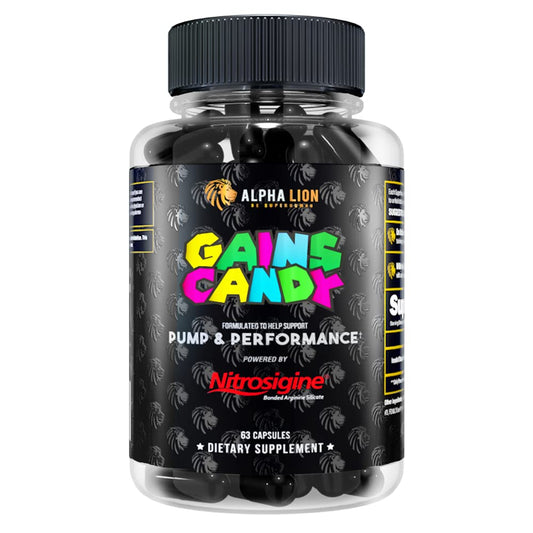 ALPHA LION Gains Candy bottle boosts workout performance with nitric oxide support