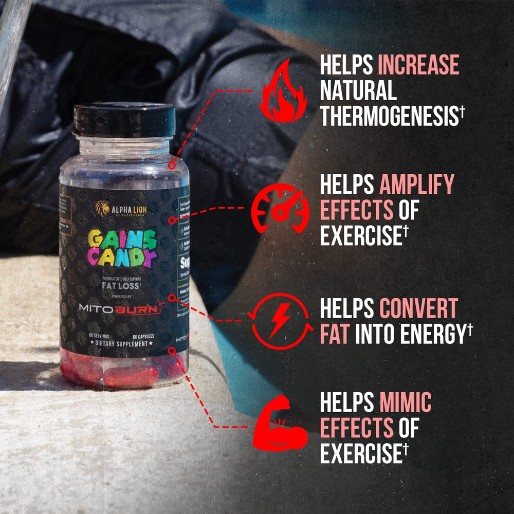 Alpha Lion Gains Candy capsules in blister pack designed to aid appetite control.