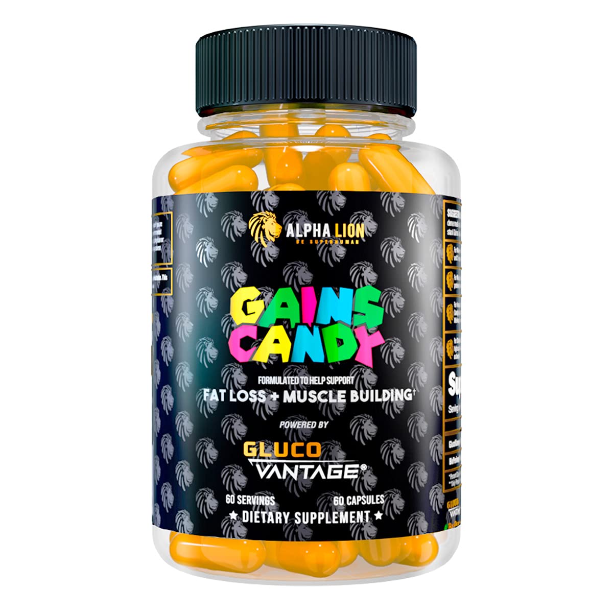 ALPHA LION Gains Candy bottle featuring GlucoVantage for energy enhancement.
