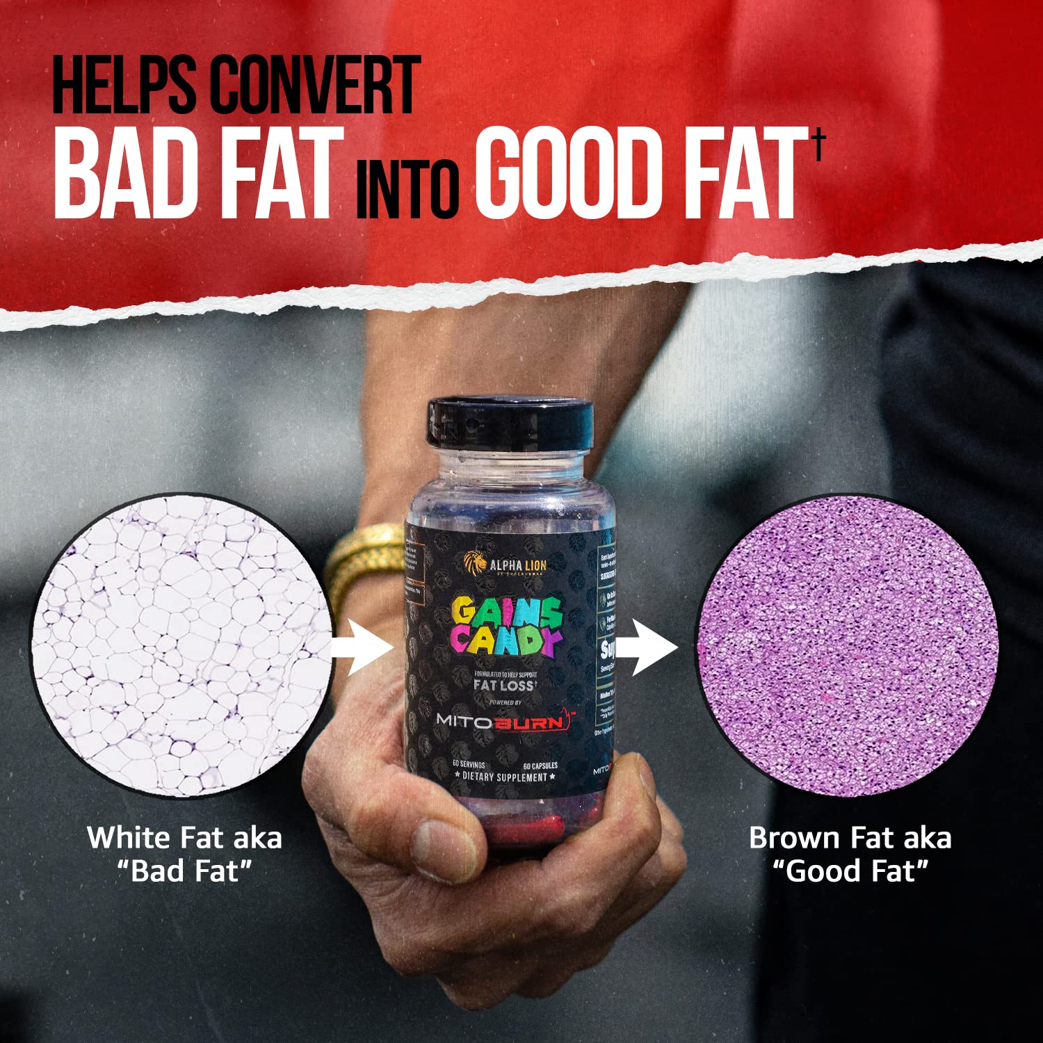 Lifestyle scene of a person at gym with Gains Candy.