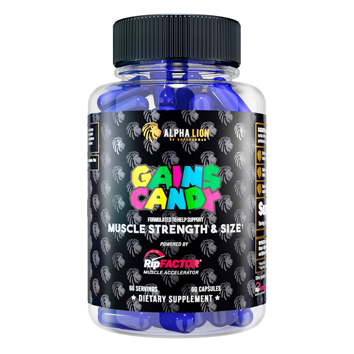 Alpha Lion Gains Candy RipFACTOR bottle for muscle support during workouts