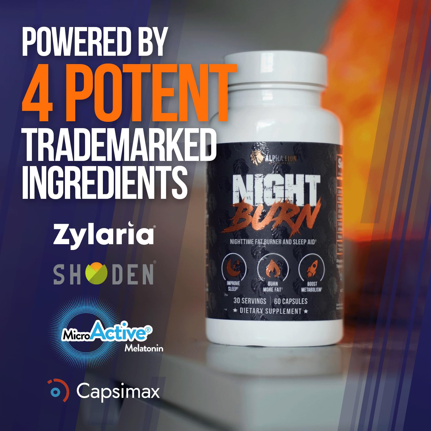 ALPHA LION Night Burn box packaging on a home shelf for easy nightly use.