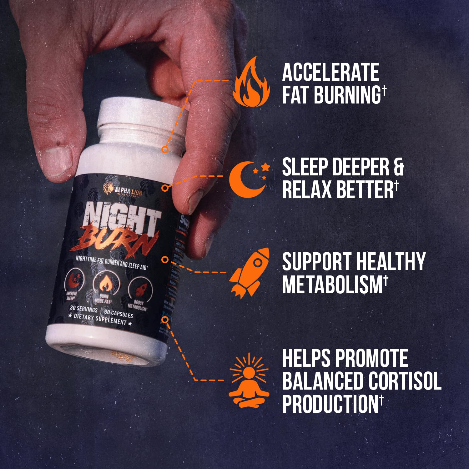 ALPHA LION Night Burn capsules close-up emphasizing easy swallow and potency.