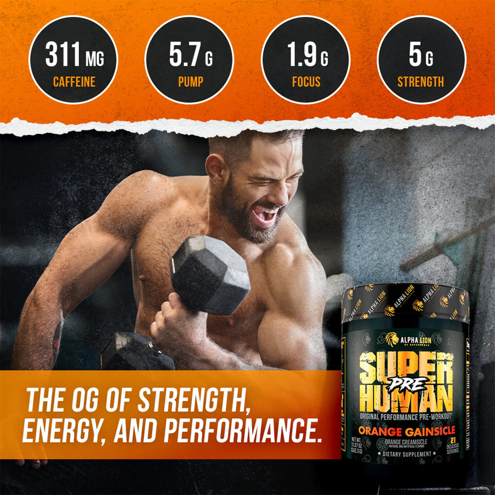ALPHA LION pre workout powder dissolving in water with vibrant orange hue for fast absorption.