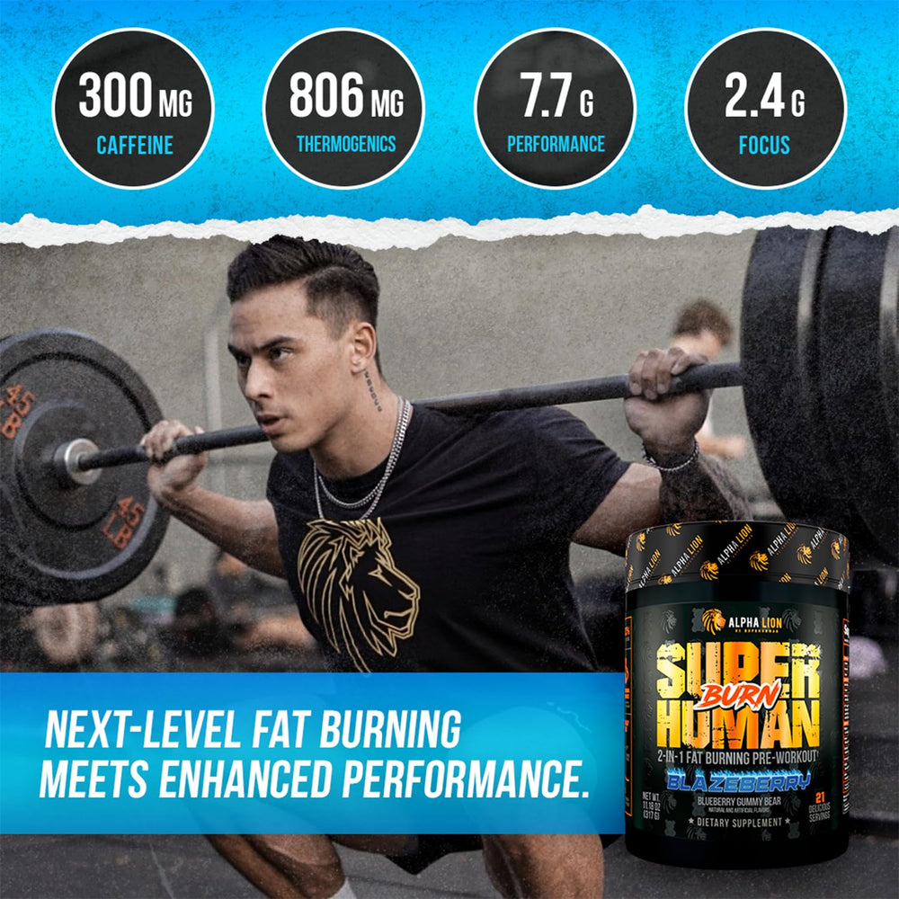 ALPHA LION Superhuman Burn blue gummy bear serving boosts energy.