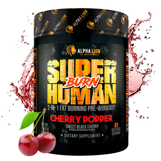 ALPHA LION Superhuman Burn bottle and pour for easy pre-workout dosing