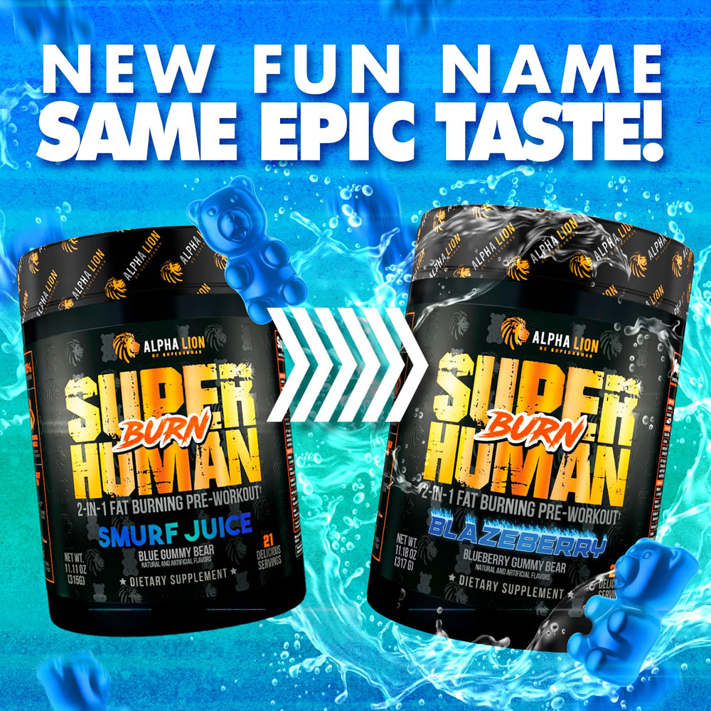 ALPHA LION Superhuman Burn powder being mixed for workout shake.