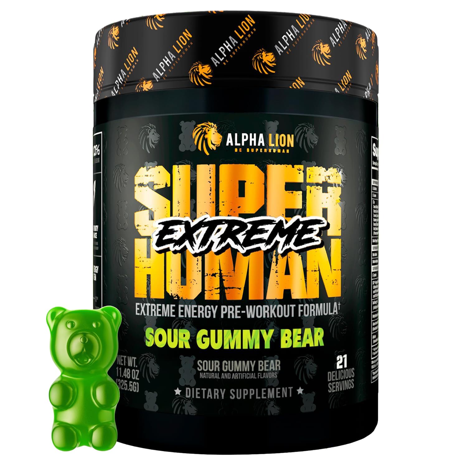 ALPHA LION Superhuman Extreme tub front for a high-stim pre-workout option.