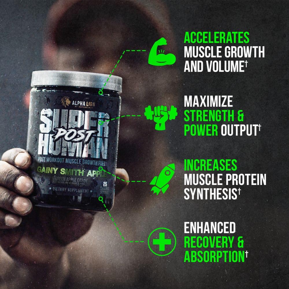 Alpha Lion Superhuman Post ingredients show creatine, leucine, and betaine for muscle support.