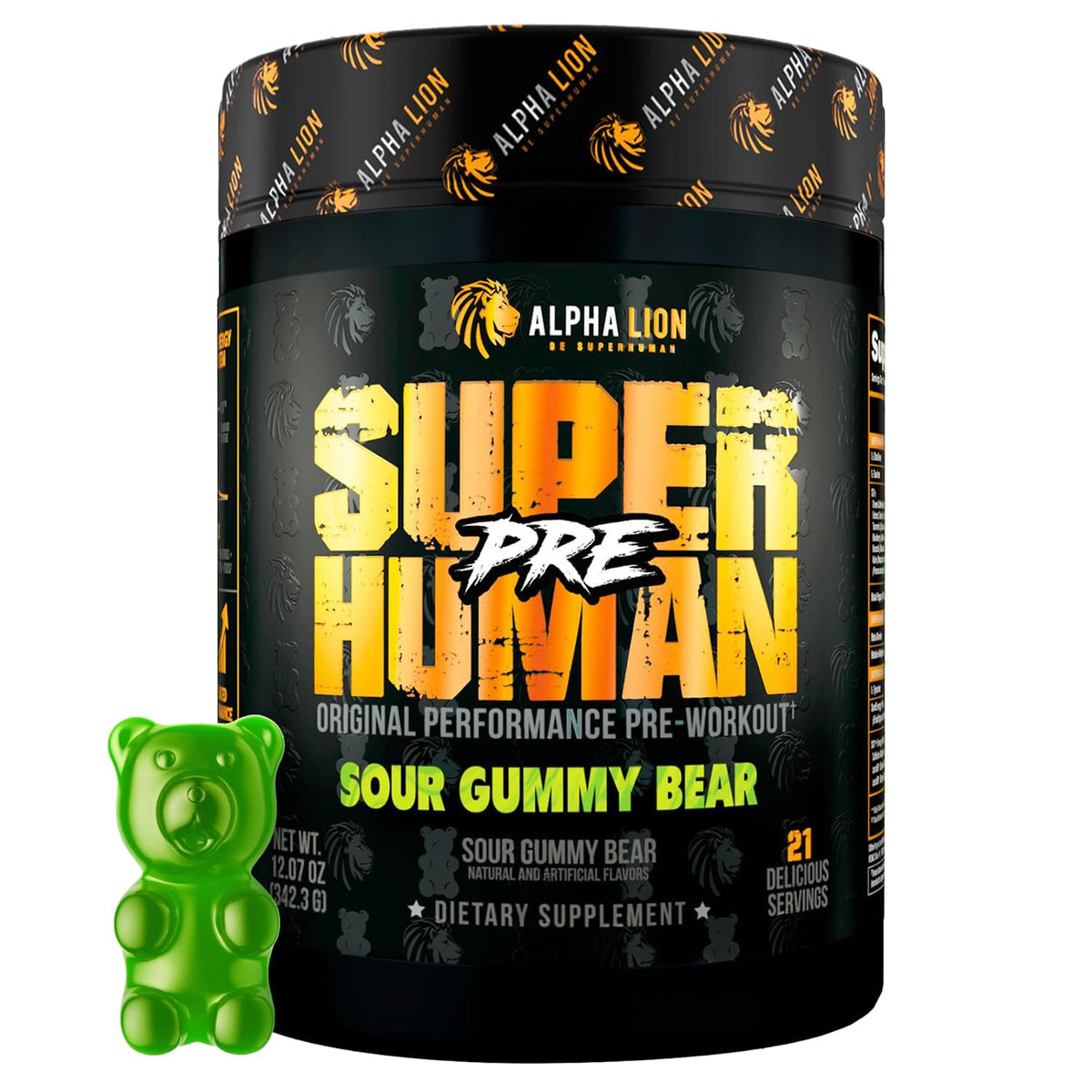 ALPHA LION Superhuman Powder bottle front shows premium pre-workout design for sustained energy.