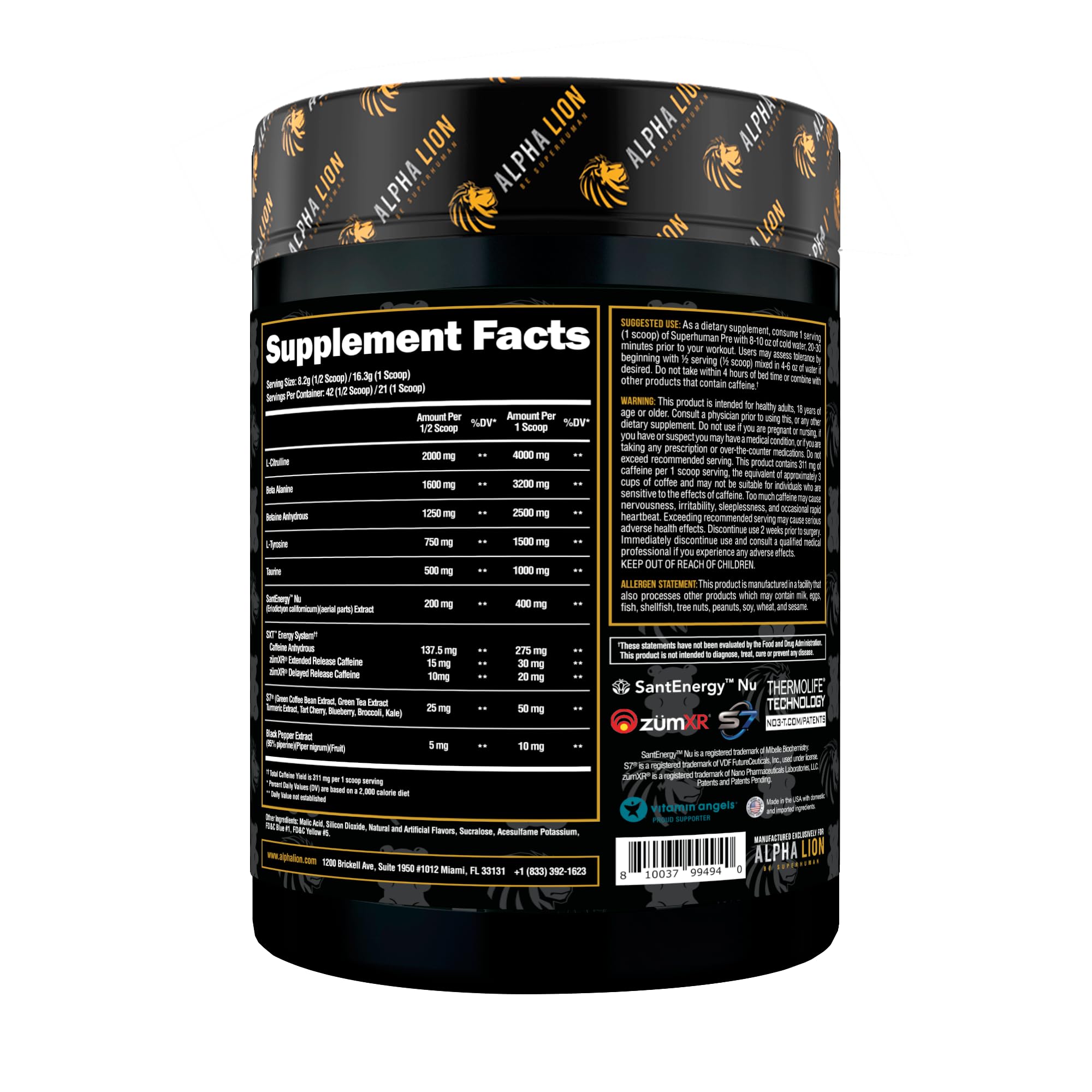 ALPHA LION Superhuman Powder label detail highlights ingredients for focus.