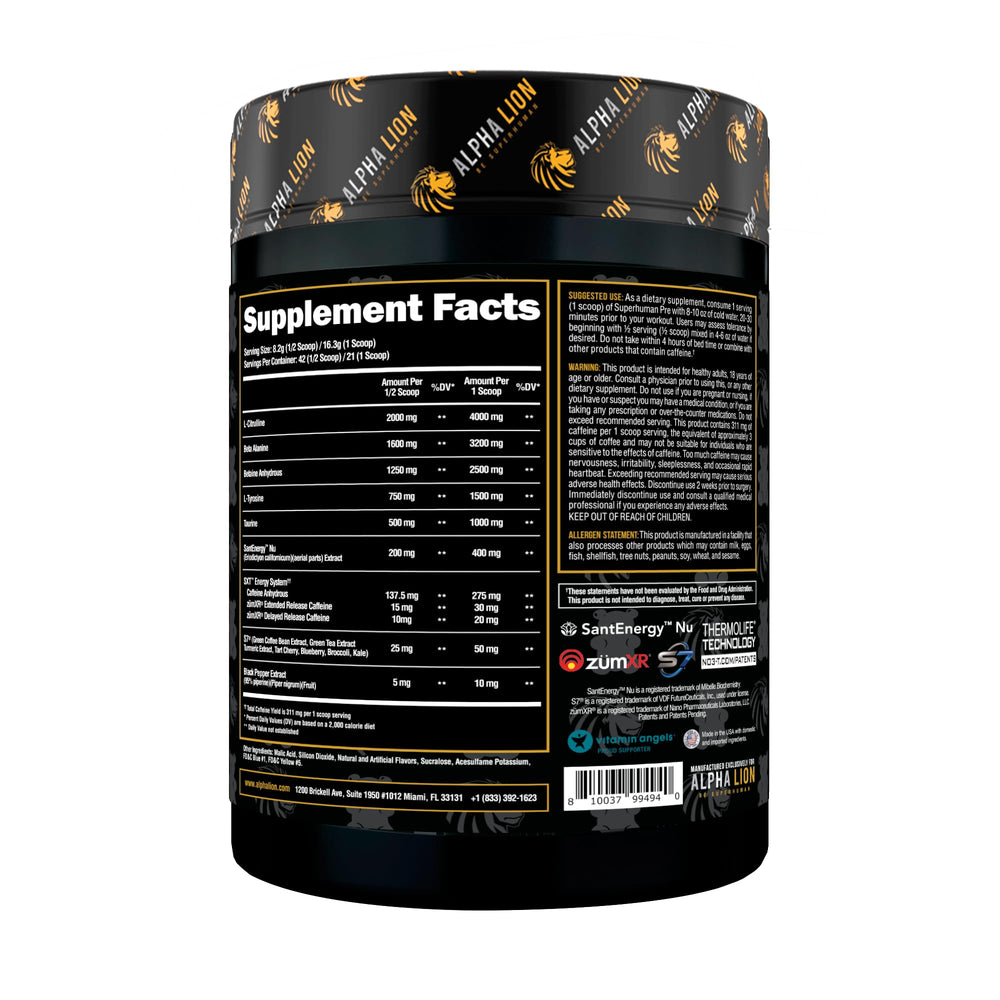 ALPHA LION Superhuman Powder label detail highlights ingredients for focus.