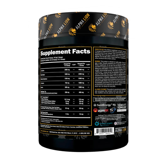 ALPHA LION Superhuman Powder label detail highlights ingredients for focus.